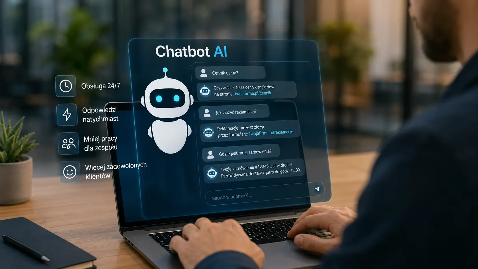 Chatbot AI dla firm — interfejs bota obsługującego klientów na laptopie